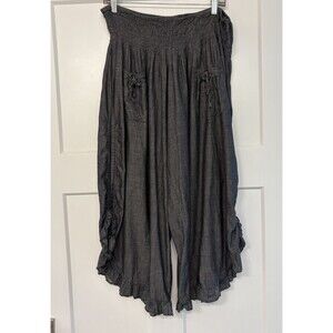 Celina Boho Pants Smocked Waist Ruched Tie Up Ruffle Leg Gray Culottes One Size